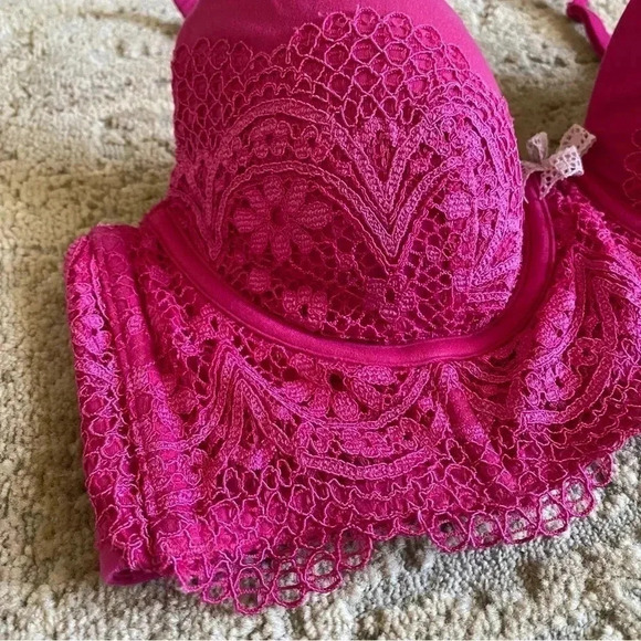 Victoria's Secret Hot Pink Lined Demi Bra Crochet Lace Bustier Long Line: 34B - Picture 4 of 8